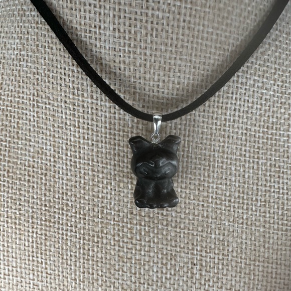 Silver Sheen Obsidian Kuromi Bead Pendant on Silver Bail and Faux Suede - Picture 3 of 9